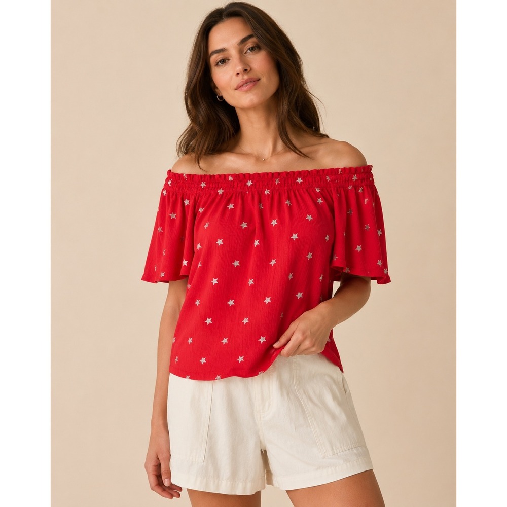 Lane Bryant Red Silver Star Embroidered Off Shoulder Blouse Top Plus Size 18/20